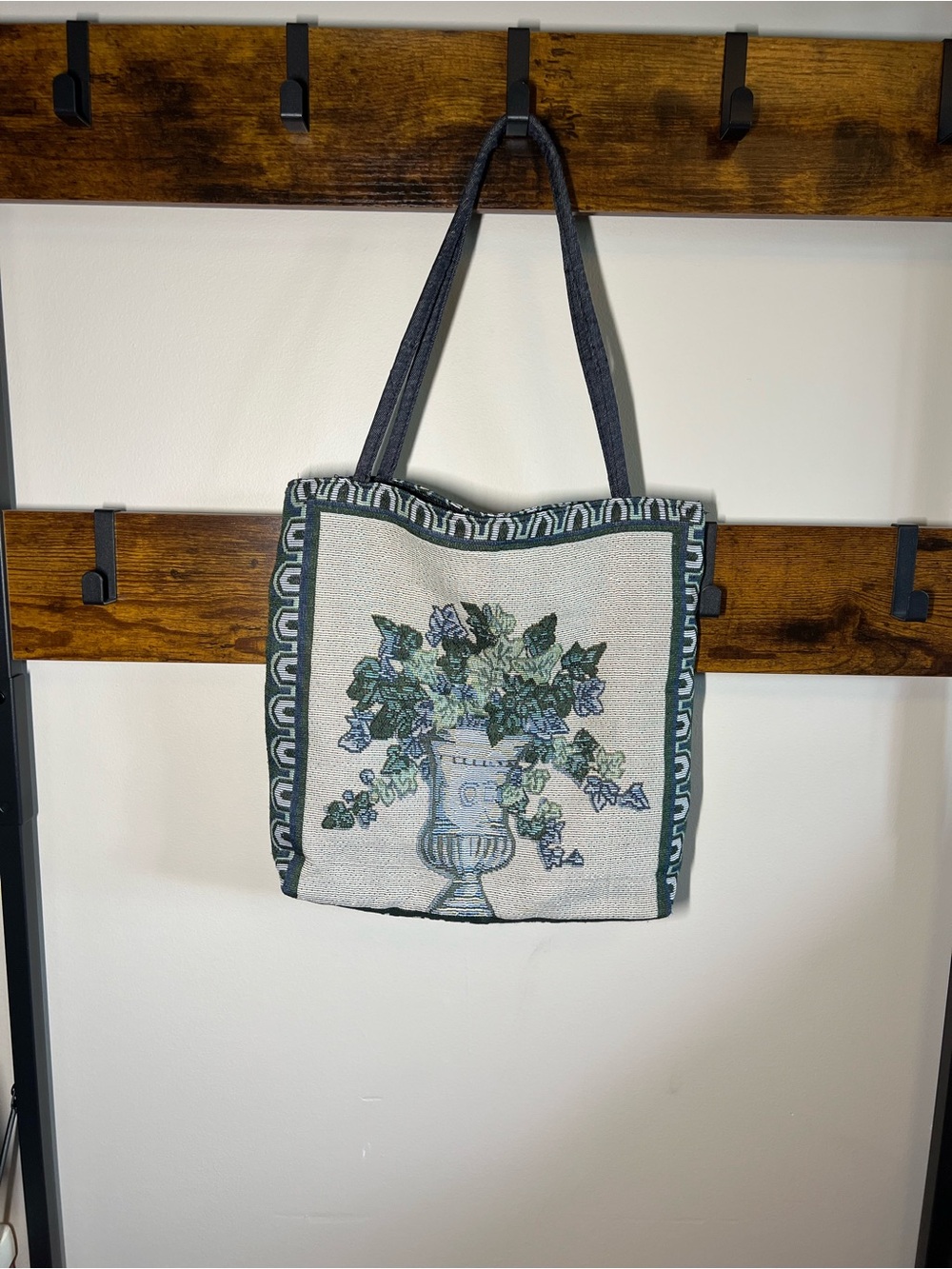 Floral Tapestry Tote Bag in Green and Cream